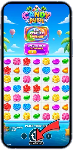Candy Rush autoplay button
