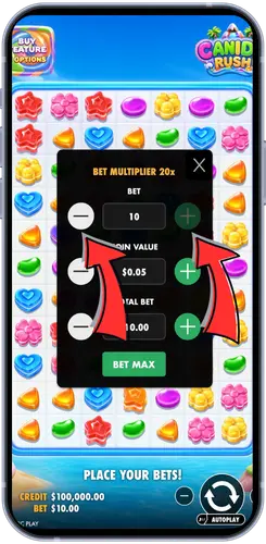 Candy Rush bet multiplier and stake settings