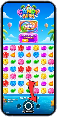 Candy Rush spin button on the main screen